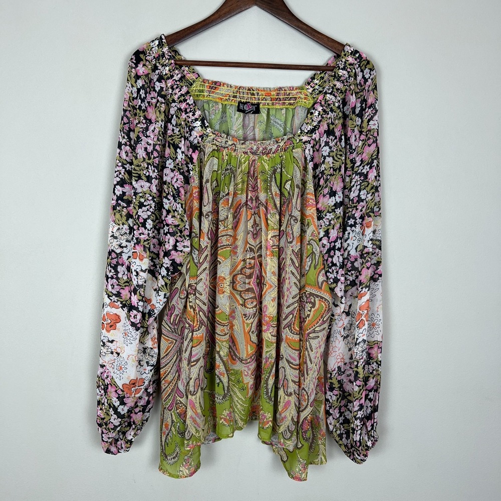 The Pyramid Collection‎ Top 2X Floral Paisley Chiffon Sheer Boho Off Shoulder